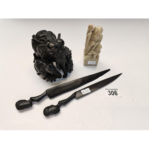 306 - A Ebony Elephant and soapstone seal & knife