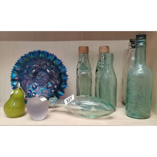 327 - A Collection of Victorian glass bottles, Carnival Plate and Paper weights