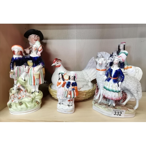 332 - x3 Staffordshire figurines, porcelain hen egg holder and jug