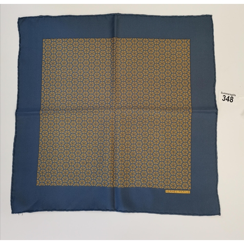 348 - Genuine Hermes Silk Pochette pocket square, blue and gold colours. 100% silk hand rolled edges. Very... 