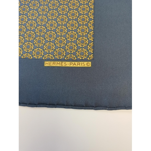 348 - Genuine Hermes Silk Pochette pocket square, blue and gold colours. 100% silk hand rolled edges. Very... 