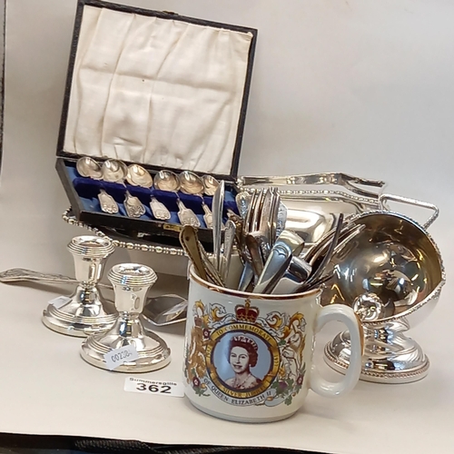 362 - A collection of silver plated items inc tray, spoons, tongs etc