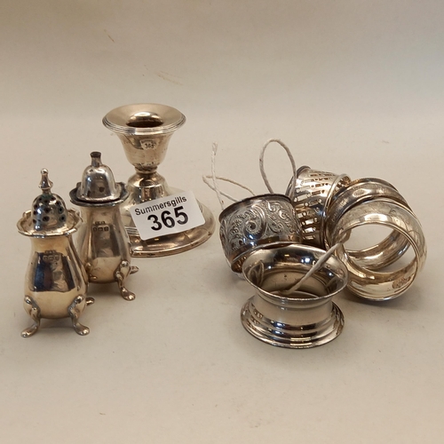 365 - Silver items candleholder, 5 x napkin rings, salt and  pepper pot