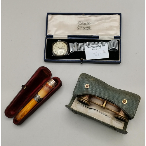 370a - Gents silver watch , cigarette holder and pair of Opera glasses