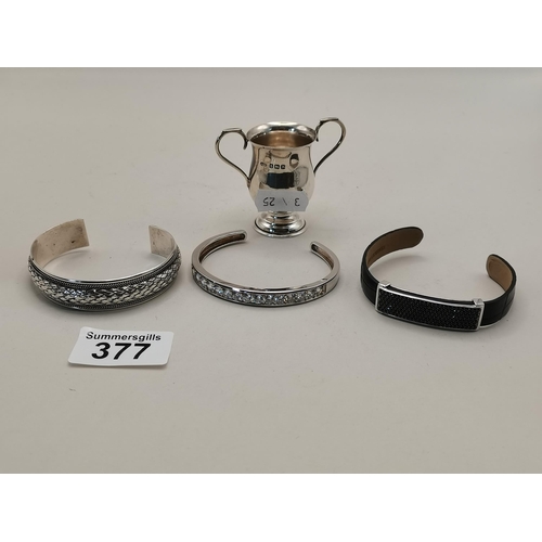 377 - Silver items including bracelets and small trophy