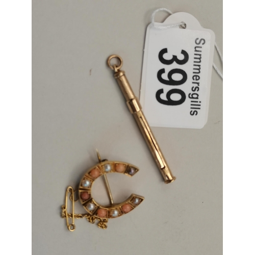 399 - Small 9ct gold pencil 3 grams plus horse shoe brooch