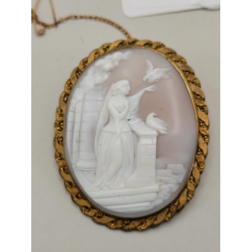 402 - Large Cameo Brooch with small gold chain