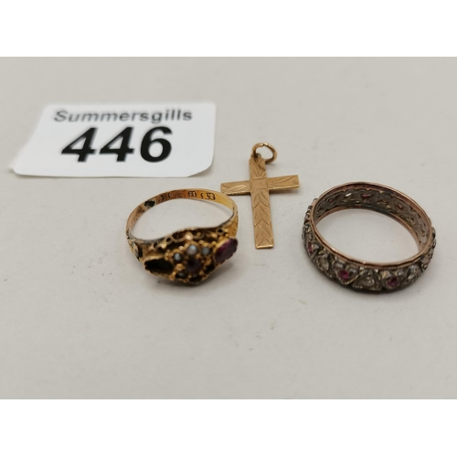 446 - x2 9ct gold rings and a gold cross 5 grams