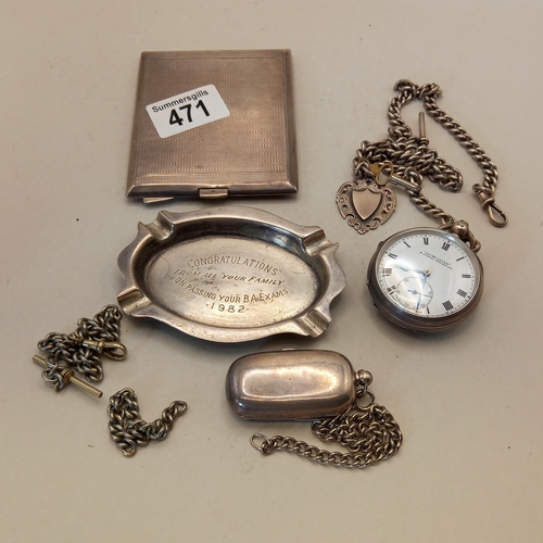 471 - Assortment of Silver items - pocket watch, pill box, cigarette box etc