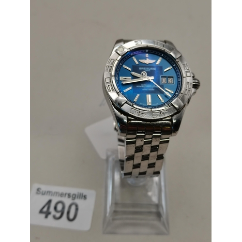 490 - A Breitling Galactic 41 gents watch with blue face  ( slight scratches ) Chronometer and automatic 3... 