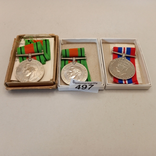 497 - x3 WW2 war & Defence Medals in original boxes