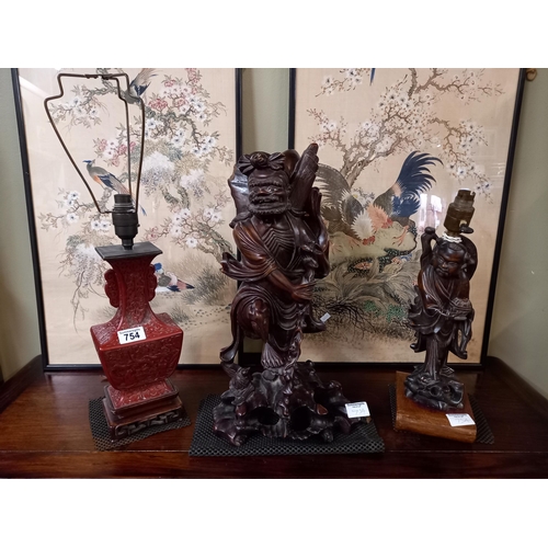 754 - Chinese lamps ( cinnabar ) ( Carved wood ) and a Chinese Carved wood figure statue H50cm