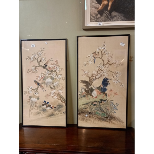 756 - A pair of Chinese silk watercolour paintings of birds in trees