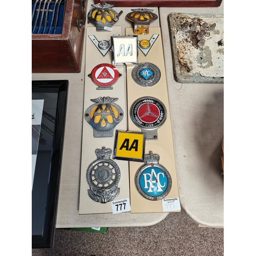 777 - 8 x vintage mounted car badges plus 4 x AA badges