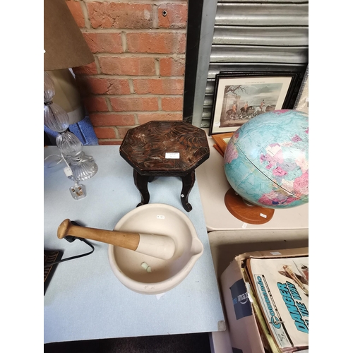 819 - Unglazed Mortar and Pestle plus small dark oak stool