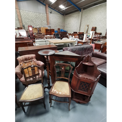 1034 - Misc furniture  including Mahogany plant stand, Coal Scuttle, ladies chair x2 corner units, tables, ... 