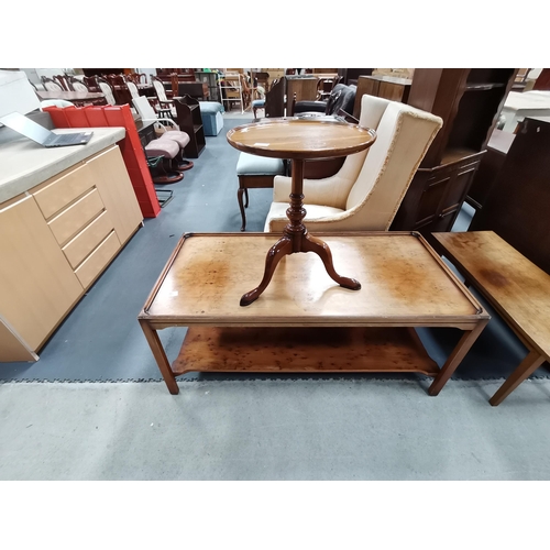 1042 - Yew wood coffee table 120cm x 60cm and round side table plus chair