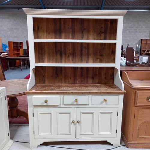 1093 - Pine Welsh dresser in cream with 2 door cupboard and 3 drawers W140cm x H200cm. Come with 2 tops she... 