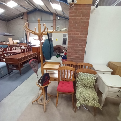 1099 - Misc items including x4 pine kitchen chairs, coat stand, towel rail and night stand