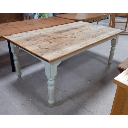 1109 - Large pine kitchen table with painted legs 182cm x 104cm