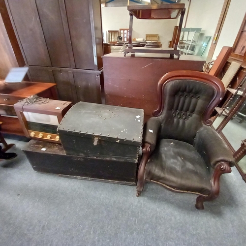 1144 - Victorian gentleman's armchair, vintage Bush radio, trunk and blanket box