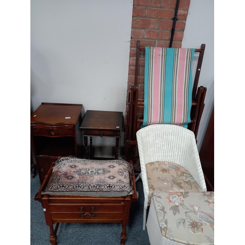 1156 - Misc furniture including deck chairs, side tables, Lloyd loom chair and and foot stool