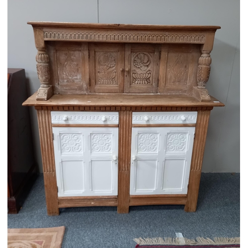 1159 - Part painted carved Oak Court cupboard W137 x D54cm x H145cm