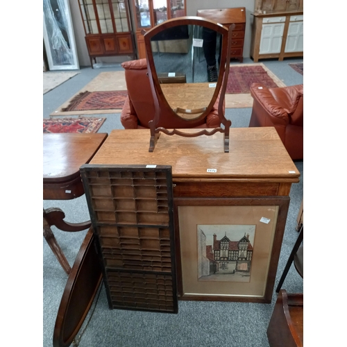 1179 - Oak tea Table, printing table,  Mirrors and pictures