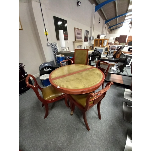 1223 - Mahogany and leather top extendable dining table with 4 chairs. 1 central leaf D105cm (155cm when ex... 