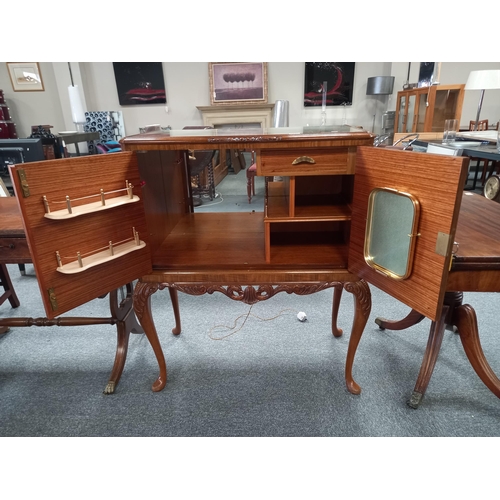 1240 - Mid 20th Century burr walnut cocktail cabinet with key and accessories inside