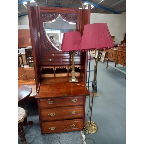 1242 - Carved Victorian bureau desk cabinet (part of) W70cm x D45cm x H185cm plus 2 x brass lamps