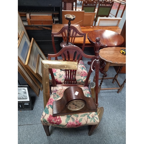 1244 - Misc furniture incl 2 chairs, mantle clock brass items