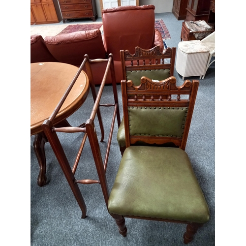 1251 - 2 x oak leather seated dining chairs and towel rail