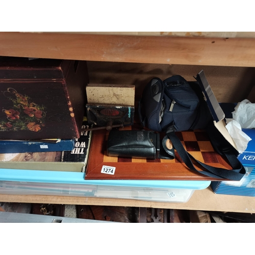 1274 - A Miscellaneous Collection to Include Records, An Austrian Wooden Box and Cameras