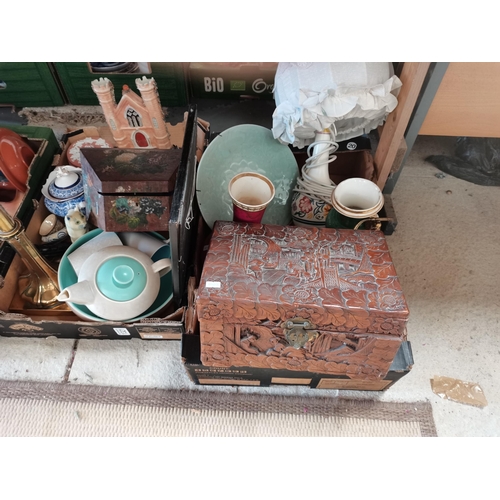 1321 - 2 Boxes of Ceramics, Lamp, Carved Box and Brass Lamp