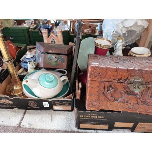 1321 - 2 Boxes of Ceramics, Lamp, Carved Box and Brass Lamp