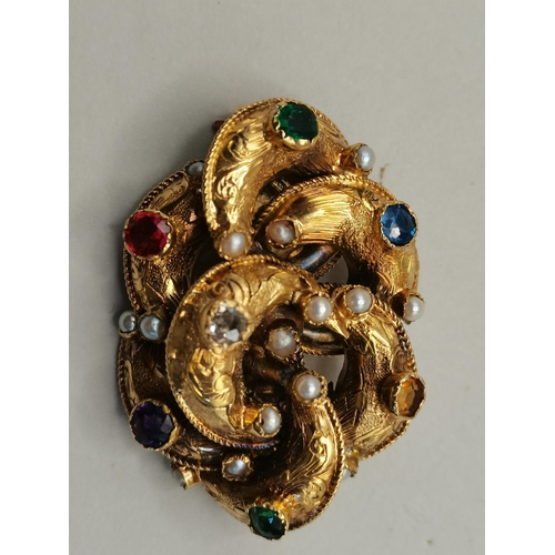 400 - Gold knot brooch with coloured stones and pearls