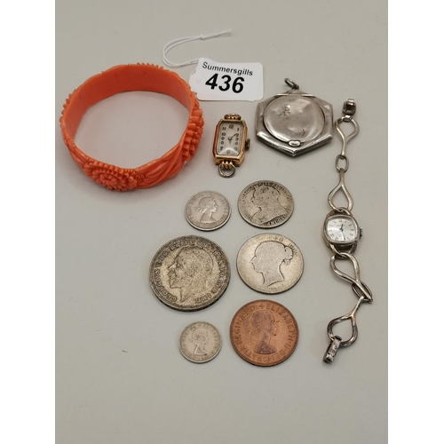 436 - Gold wrist watch13g , silver watch and powder puff plus coins