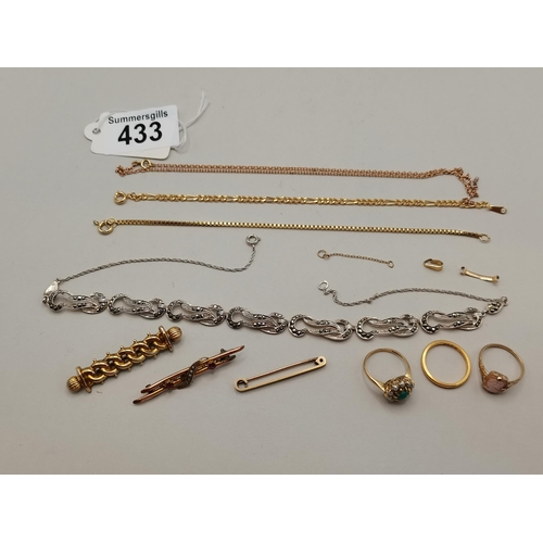 433 - Misc Jewellery including x2 9ct gold rings 5grams, 18ct Gold band 3 grams, bracelets and tie pins