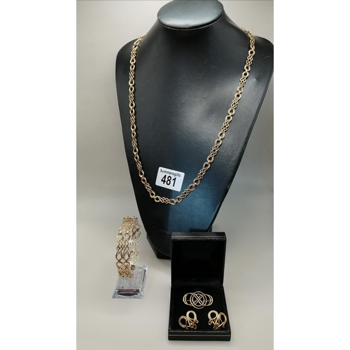 481 - 9ct Gold Necklace, Bracelet and Earrings and Brooch 64grams