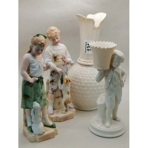 131 - Belleek Vase and Figurine plus x2 German Bisque figurines