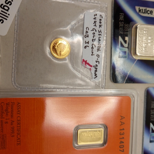 515 - Cook Island 24K gold coin 0.5grams, Valcambi Suisse 1gram of Gold plus, 4 bars of Silver 104grams in... 