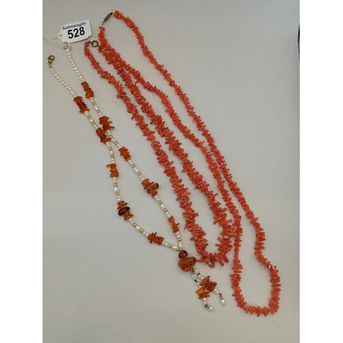 528 - 2 x Coral necklaces plus one other - Pearl and amber style