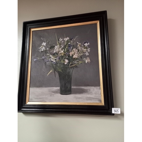 565 - Oil by Garcia  - Blue & White flowers with Glass vase