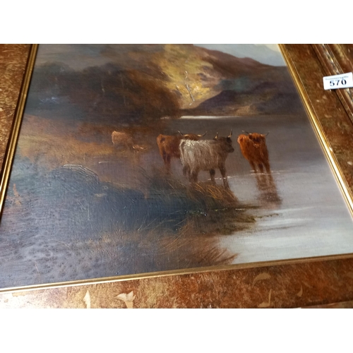 570 - Antique oil of Highland cattle in the mountains  ( no signature )