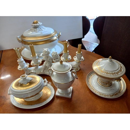 589a - White and Gold Portuguese items incl tureen and candelabra with cherubs