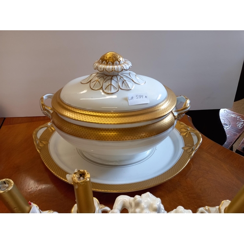 589a - White and Gold Portuguese items incl tureen and candelabra with cherubs