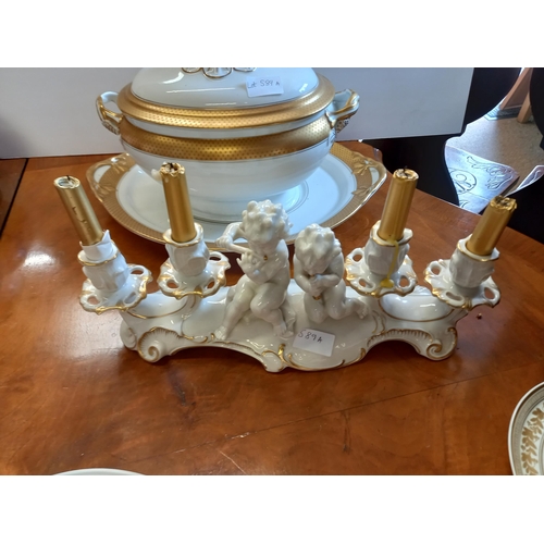 589a - White and Gold Portuguese items incl tureen and candelabra with cherubs