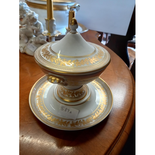 589a - White and Gold Portuguese items incl tureen and candelabra with cherubs