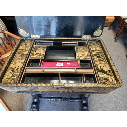 598 - Regency Chinoiserie work table decorated with parcel gilt figures and floral decoration ( d/d )